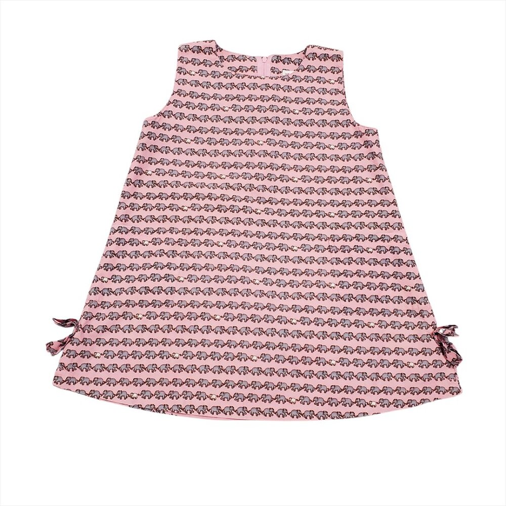 JIM THOMPSON Girls Elephant Dress XL Sleeveless Pink Bows Pockets Cotton